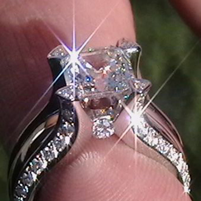 Silver Tone Princess Cut Halo Ring With Split Band