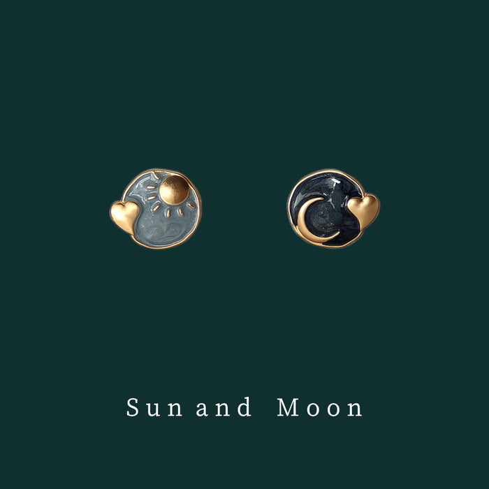 Asymmetric Sun Moon Enamel Round Stud Earrings Pair