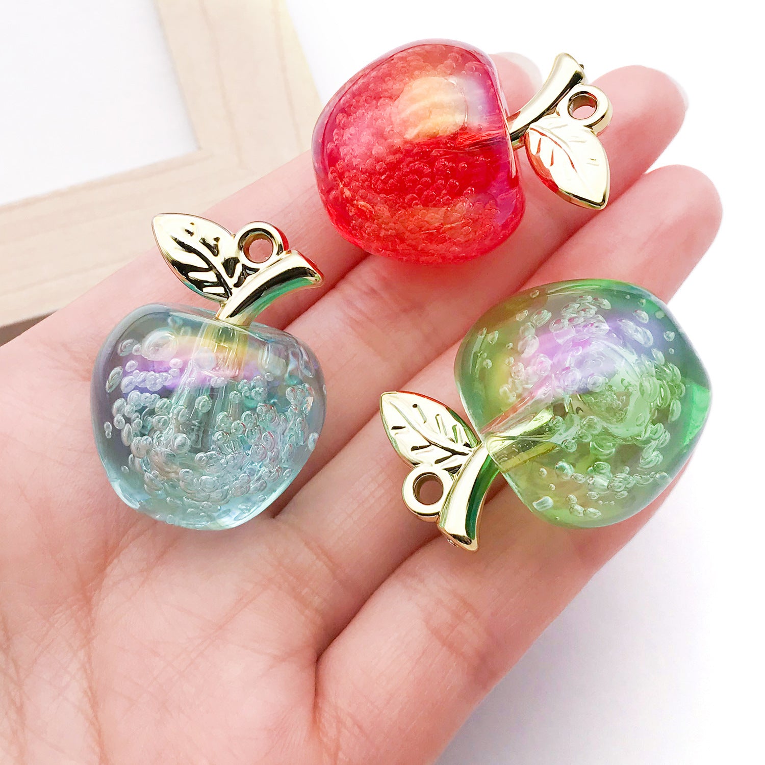 Iridescent Plated Transparent Acrylic 3D Apple Charm Pendant for Keychain Bag Jewelry Making