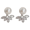 Silver Tone Pearl Top Clear Stone Leaf Cluster Front Back Stud Earrings view 5