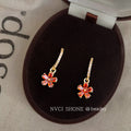 Gold Tone Red Orange Flower Drop Earrings Clear Hook Pavé view 3