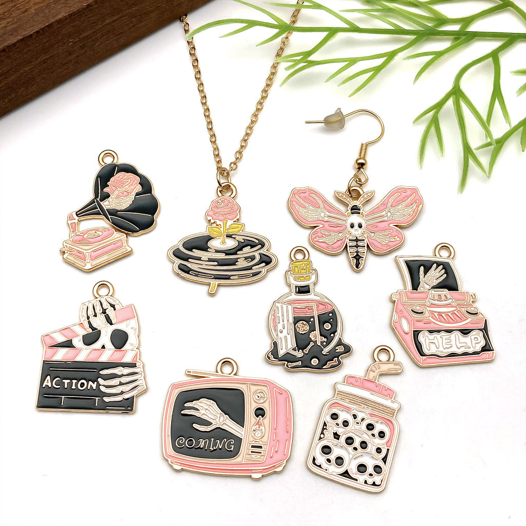 Zinc Alloy Pink Halloween Skull Charm Pendant for DIY Necklace Bracelet Keychain