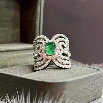 Silver Tone Green Center Openwork Wing Statement Finger Ring