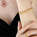 Gold Silver Curb Chain Bracelet with Dangling Oval Leaf Charms view 3