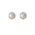 Gold Round Pearl Stud Earrings Seed Pearl Halo Frame view 5