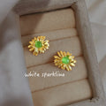 Gold Tone Green Center Daisy Flower Stud Earrings For Women view 4