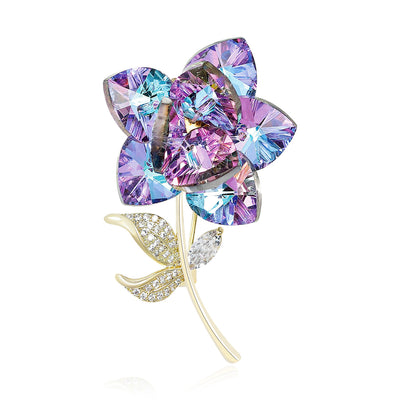 Front view of faceted purple rose on a curved stem