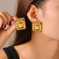 Gold Steel Two-Tone Square Recessed Stud Earrings Metal view 1