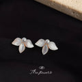 Gold Tone White Pearl Center And Shell Leaf Stud Earrings view 3