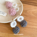 Fuzzy Double Pom Pom Drop Earrings in Pink and Gray view 4