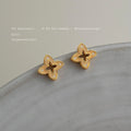 Gold Ribbed Openwork Four Petal Flower Studs Clear Stones view 3