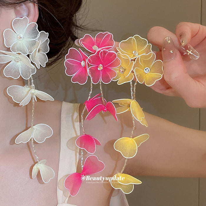 Sheer Floral Long Drop Earrings in Pink Yellow and White