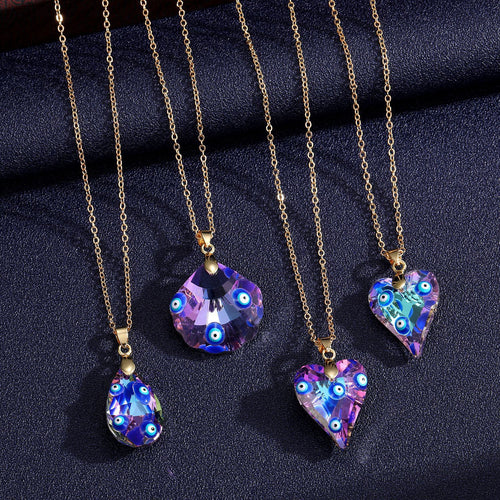 Four iridescent evil eye crystal pendant necklaces heart teardrop shell shapes