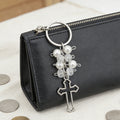 Pearl Cluster Silver Outline Cross Keychain and Attached Hardware view 4