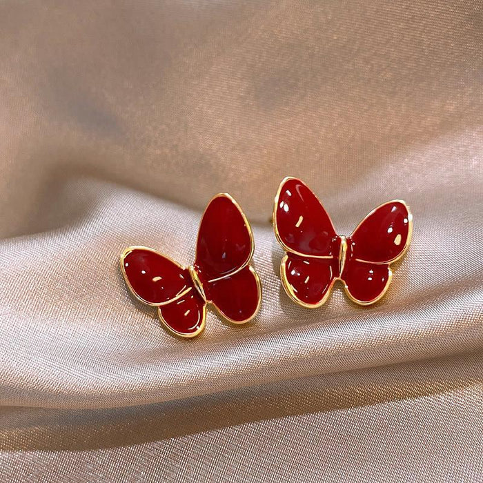 Red Enamel Butterfly Stud Earrings with Gold Tone Trim