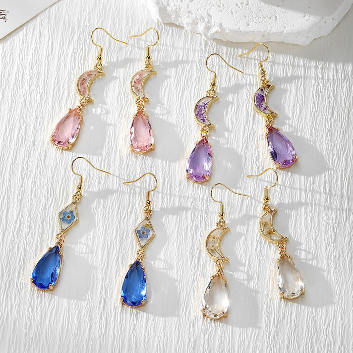 Moon Teardrop Crystal Dangle Earrings Dried Flower 4 Styles