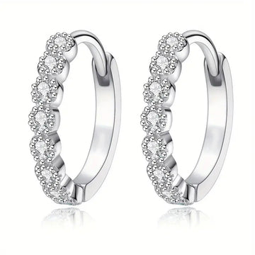White Metal Clear Stone Hinged Hoop Earrings Pavé Front