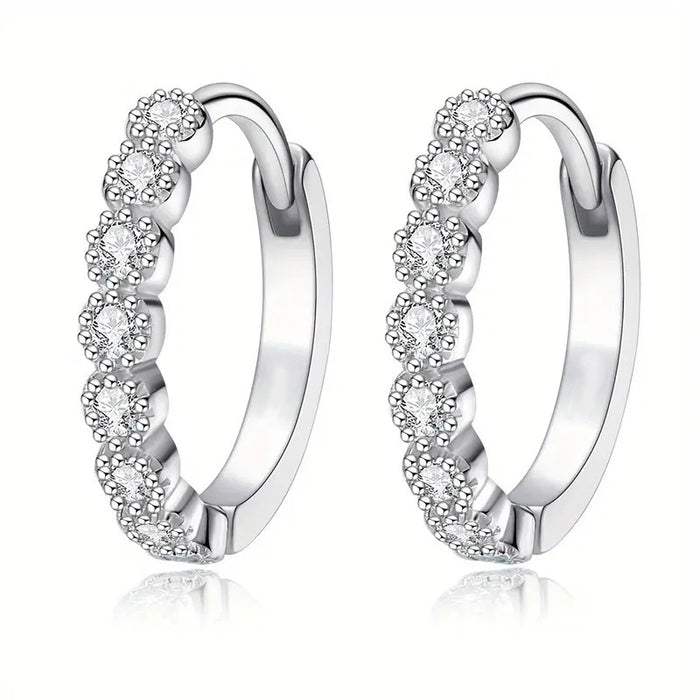 White Metal Clear Stone Hinged Hoop Earrings Pavé Front