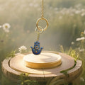 Blue Hamsa Hand Evil Eye Wood Keychain Gold Split Ring view 3