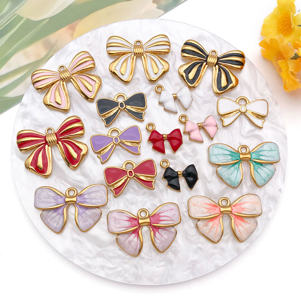 Stainless Steel Gold Enamel Bowknot Butterfly Charm Pendant for Earrings Necklace DIY Jewelry