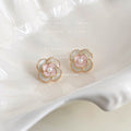 Gold Pink White Enamel Camellia Pearl Stud Earrings view 3