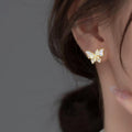 Gold Tone White Enamel Butterfly Stud Earrings Polished Statement Fashion Jewelry view 3