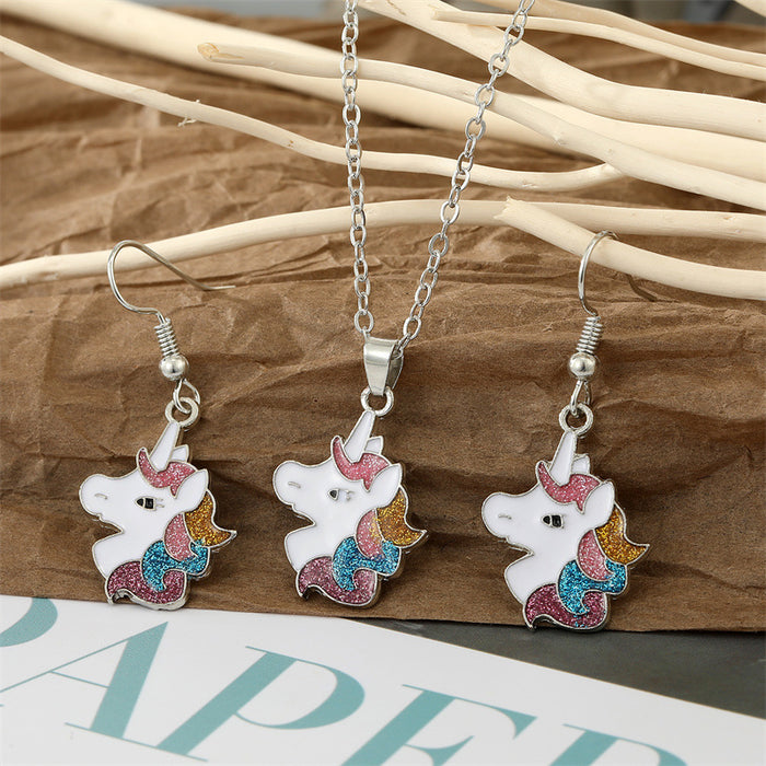 Silver Tone Glitter Unicorn Pendant Necklace and Hook Earrings