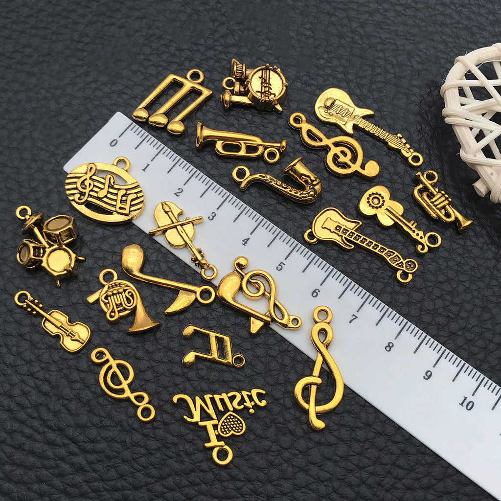 Vintage Gold Zinc Alloy Music Note Guitar Drum Instrument Charm Pendants for DIY Jewelry