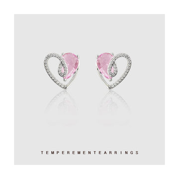 Silver Open Heart Pink Crystal Stud Earrings Teardrop Pair