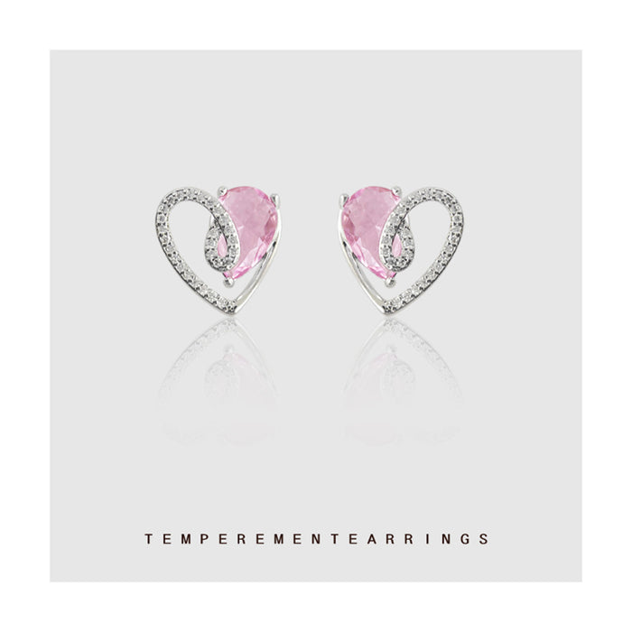 Silver Open Heart Pink Crystal Stud Earrings Teardrop Pair