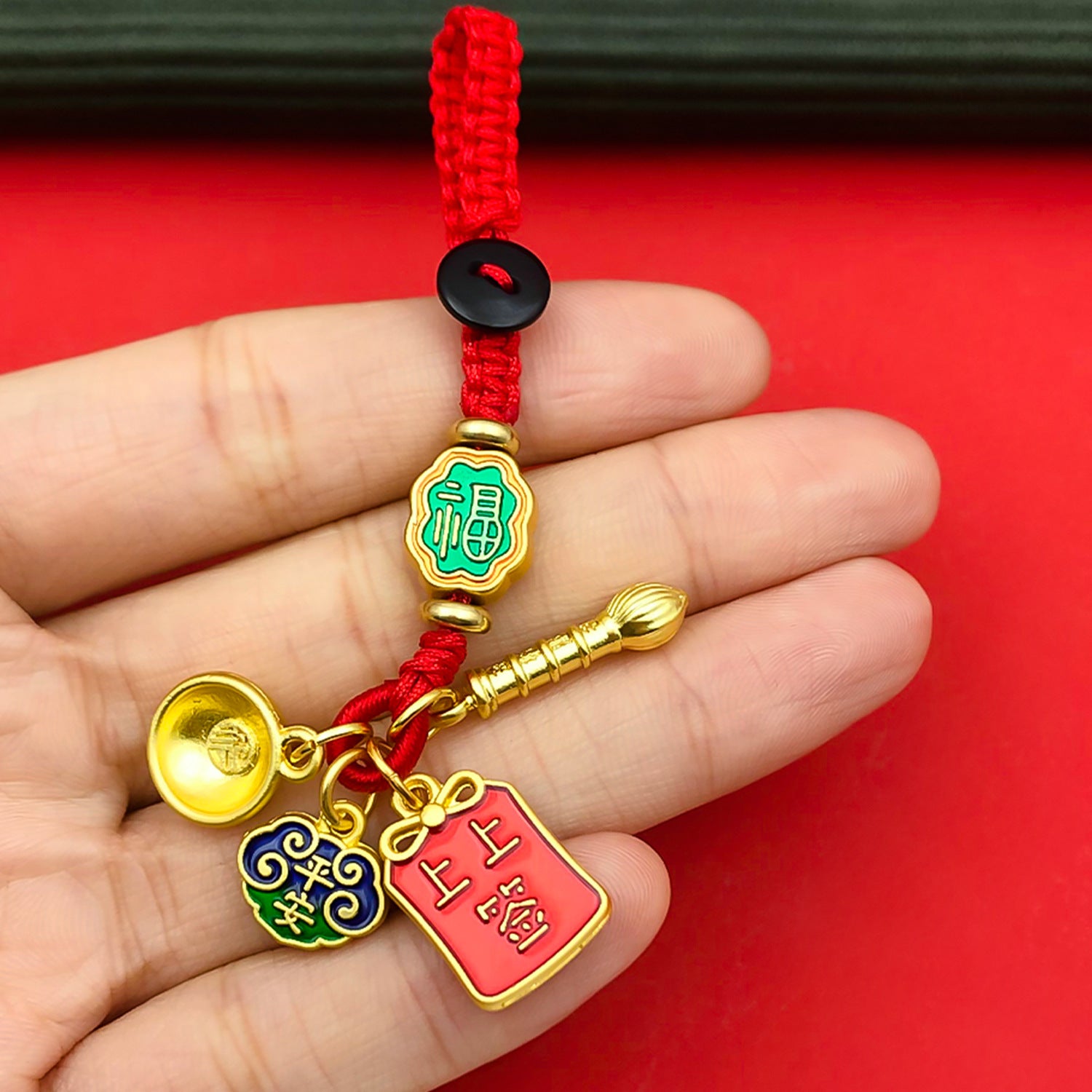 Antique Zinc Alloy Wenchang Pen Red Rope Charm Pendant for Keychain Phone Decor