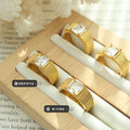 Gold Ribbed Band Ring With Square Clear Stone Multi Size view 2