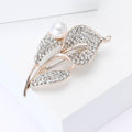 Crystal Double Leaf Stem Brooch with White Pearl Accents view 3