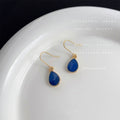 Gold Dark Blue Faceted Teardrop Hook Dangle Earrings view 4