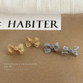 Mesh Fabric Bow Stud Earrings With Round Metal Disc view 1