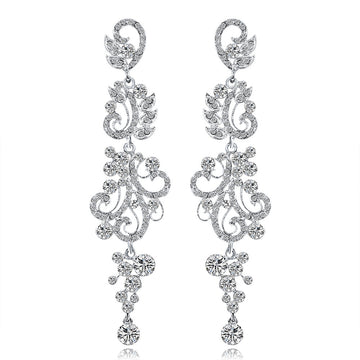 Silver Tone Crystal Scroll Chain Long Dangle Earrings
