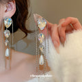 Iridescent Crystal Teardrop Pearl and Chain Tassel Earrings view 2