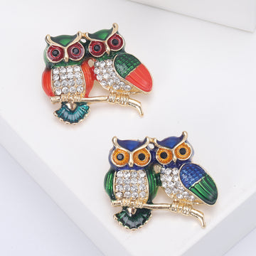 Pair of Owls Branch Brooch Enamel Crystal Blue Green