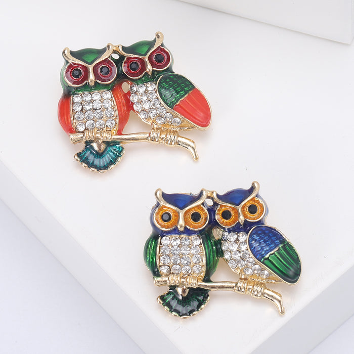 Pair of Owls Branch Brooch Enamel Crystal Blue Green