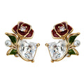 Gold Tone Red Rose Green Leaf Pearl And Clear Stone Stud Earrings view 5