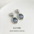 Silver Tone Openwork Top And Blue Gray Round Stone Stud Earrings view 4