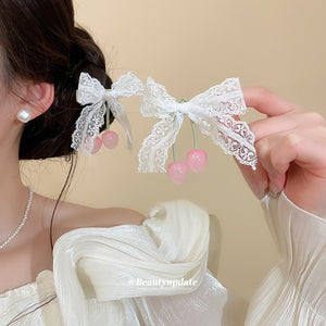 White Lace Bow Pink Cherry Bead Duckbill Hair Clip