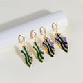 Gold Enamel Wavy Leaf Drop Earrings Green White Accents view 1
