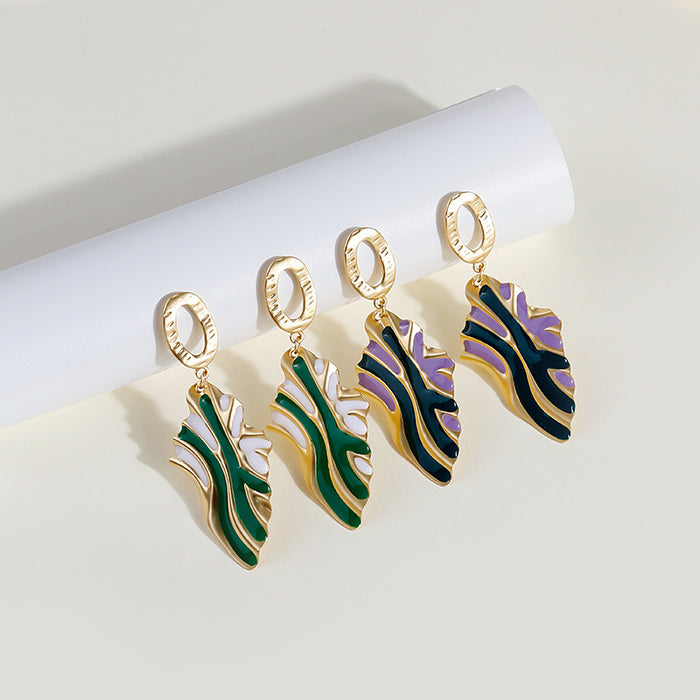 Gold Enamel Wavy Leaf Drop Earrings Green White Accents