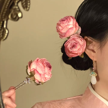 Pink Artificial Rose Single Stem U Pin Hairpin Silver