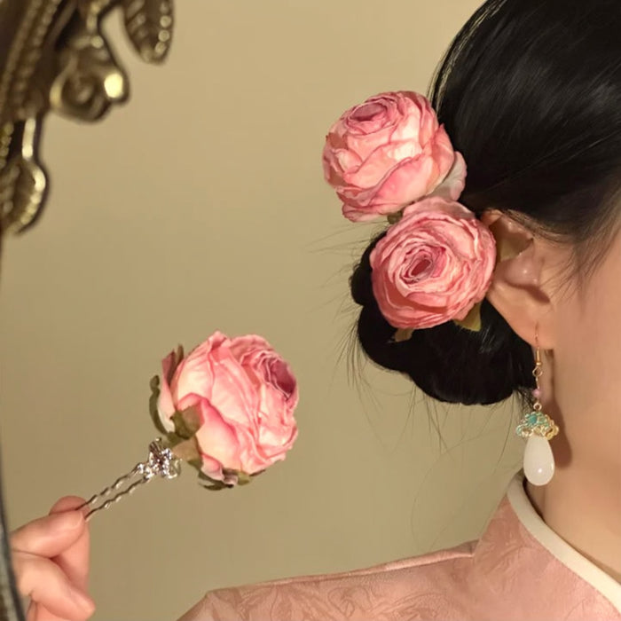 Pink Artificial Rose Single Stem U Pin Hairpin Silver