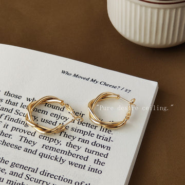 Gold Tone Double Wire Twisted Knot Hoop Earrings For Women
