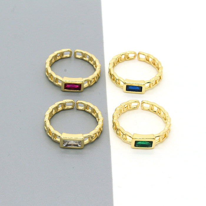 Gold Tone Rectangular Crystal Chain Link Adjustable Rings in Four Colors