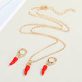 Gold Tone Red Chili Pepper Pendant Necklace and Huggie Earrings view 3