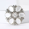 Crystal Framed Cat Eye Cabochon Flower Brooch in Gray and White view 2